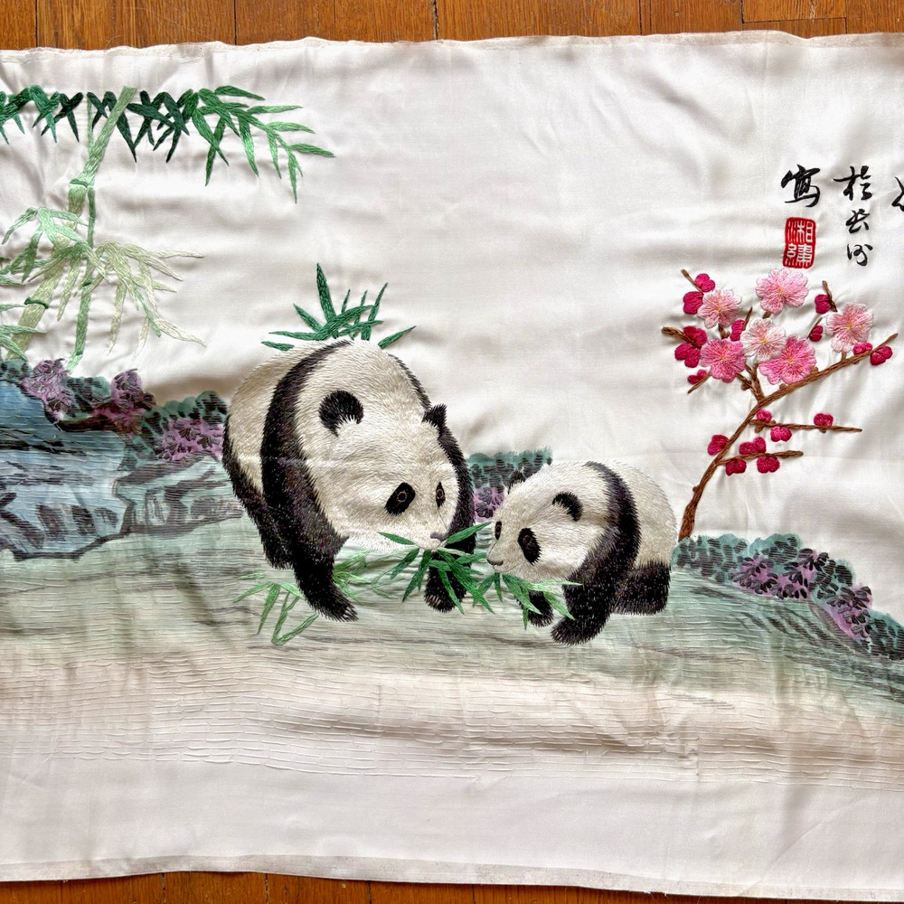 Chinese Embroidered Painted Tapestry Pandas Sakura Cherry Flowers Bamboo Vintage